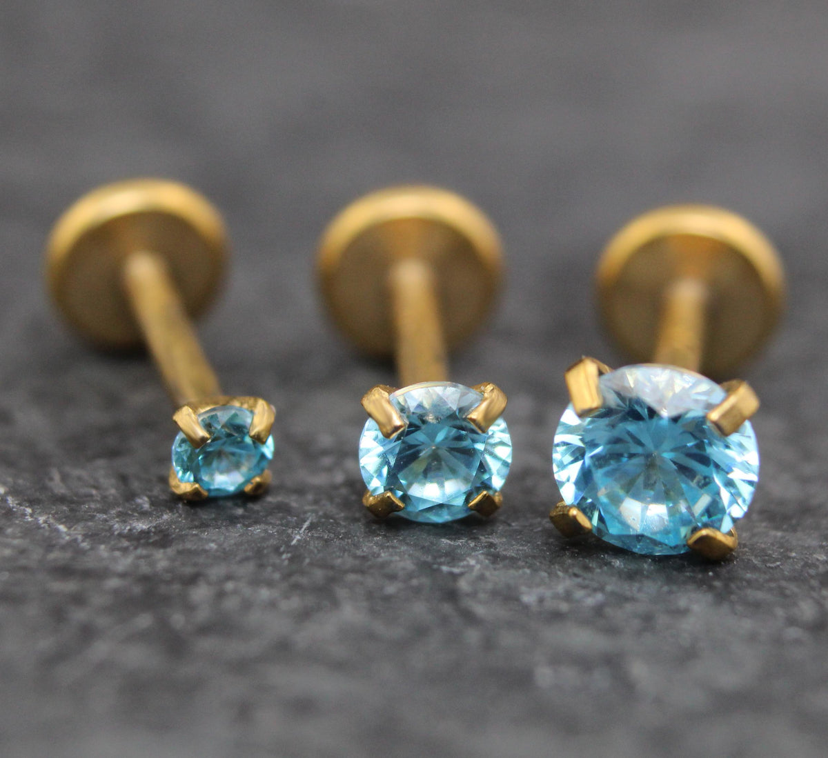 Gold PVD Surgical Steel Aqua Cubic Zirconia Stud Earring • Threadless Flat Back Piercing Jewelry • Threadless Flat Back Stud Earring