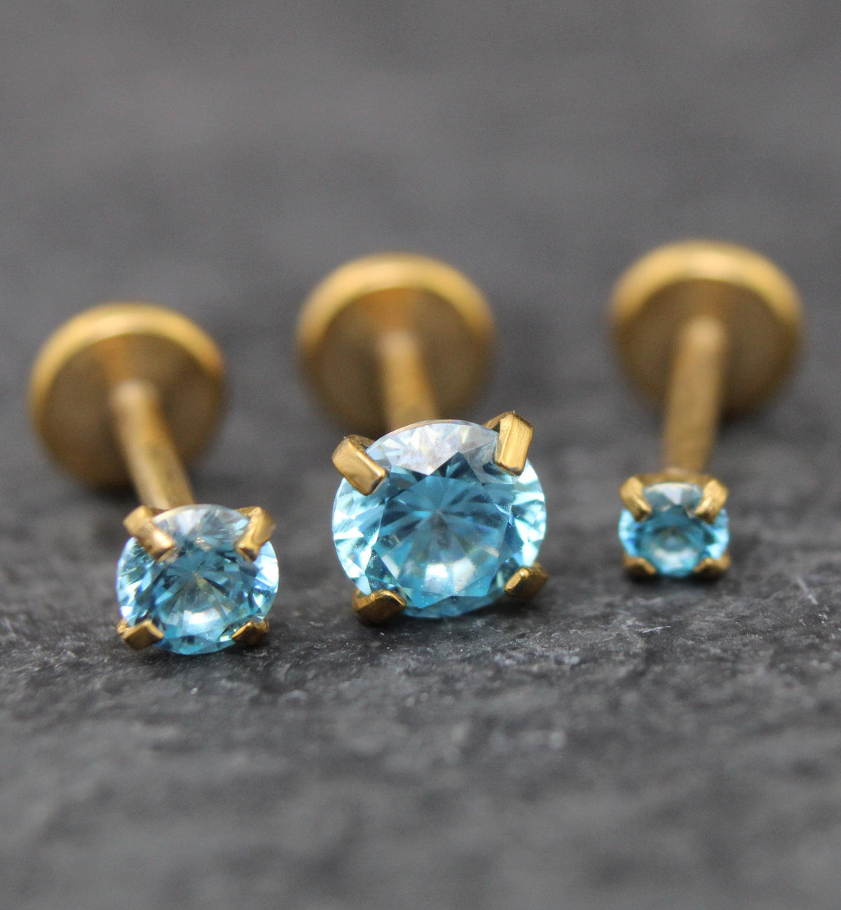 Gold PVD Surgical Steel Aqua Cubic Zirconia Stud Earring • Threadless Flat Back Piercing Jewelry • Threadless Flat Back Stud Earring