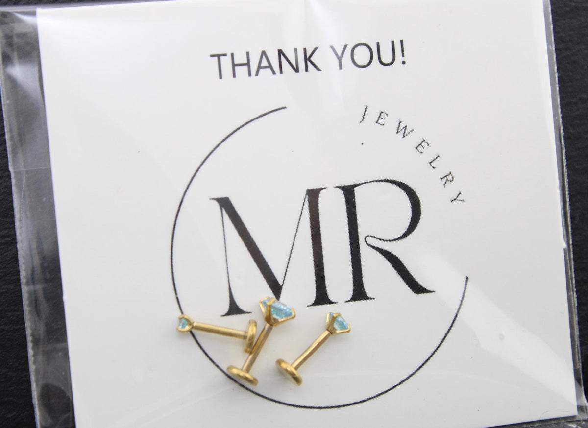 Gold Aqua Threadless Stud Earring • Aqua Stone Nose Ring • Tragus Piercing Stud • Flat Back Earring • Forward Helix Cartilage Stud