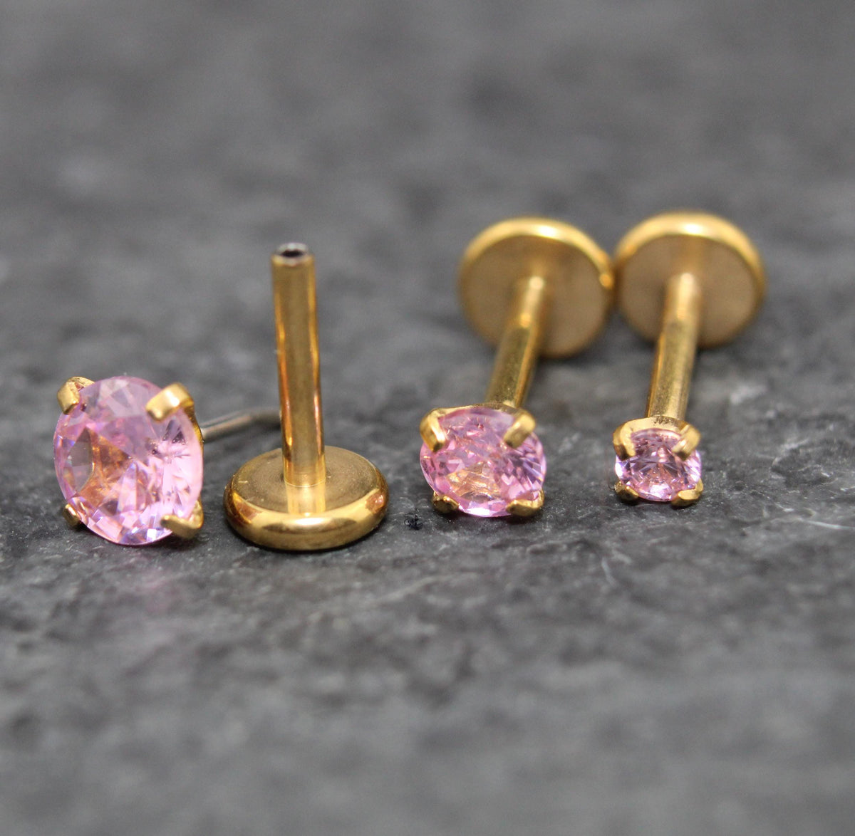 Gold Threadless Pink CZ Stud Earrings ~ Push Pin Nose Ring ~ Tragus Piercing Stud ~ Labret Cartilage Flat Back Comfortable Earring Stack