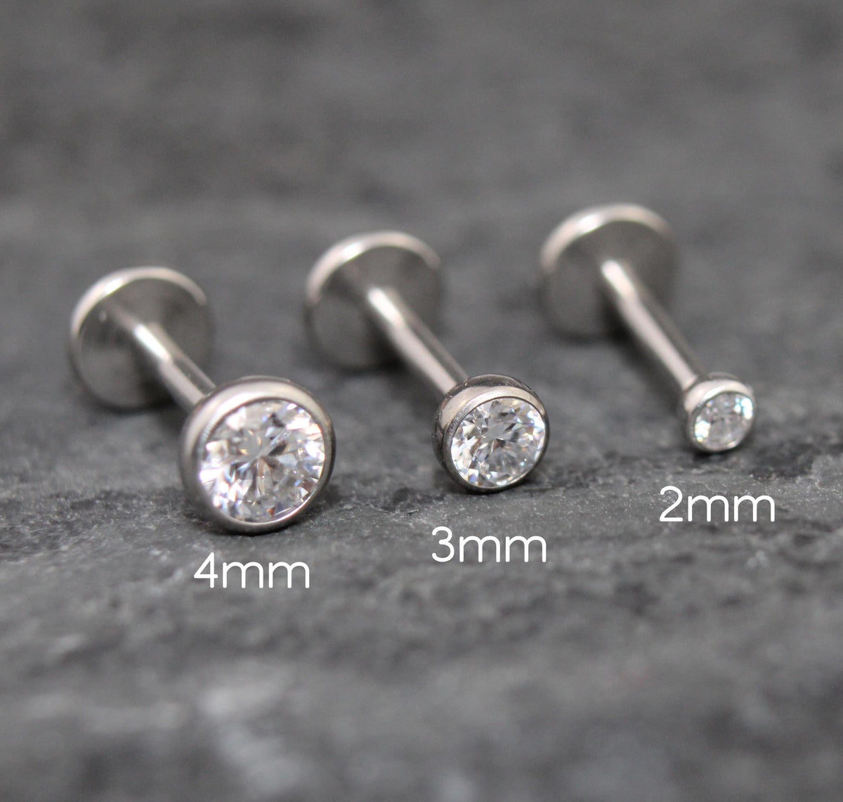 Silver Moissanite Bezel Stud Earring, Clear Tragus Earring,  Cartilage Earring, Tragus Piercing Stud, Threadless Push Pin Flat Back Earring