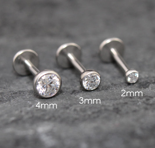 Moissanite Labret Silver Stud Earring, Tragus Earring,  Cartilage Earring, Tragus Piercing Stud, Threadless Push Pin Flat Back Earring Stack