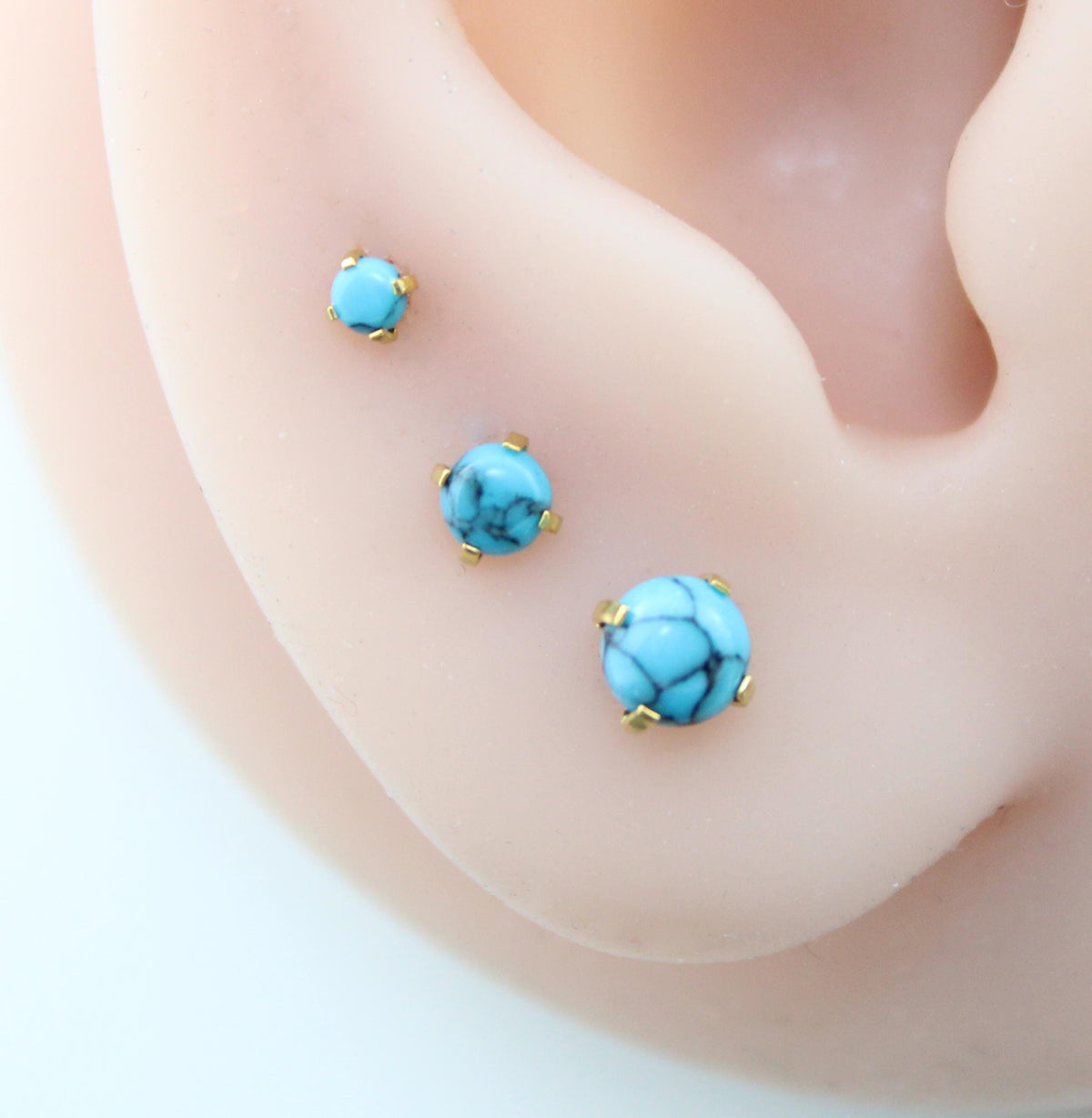 Turquoise Labret Gold Stud Earring Stack, Tragus Earring,  Cartilage Earring, Tragus Piercing Stud, Threadless Turquoise Push Pin Flat Back