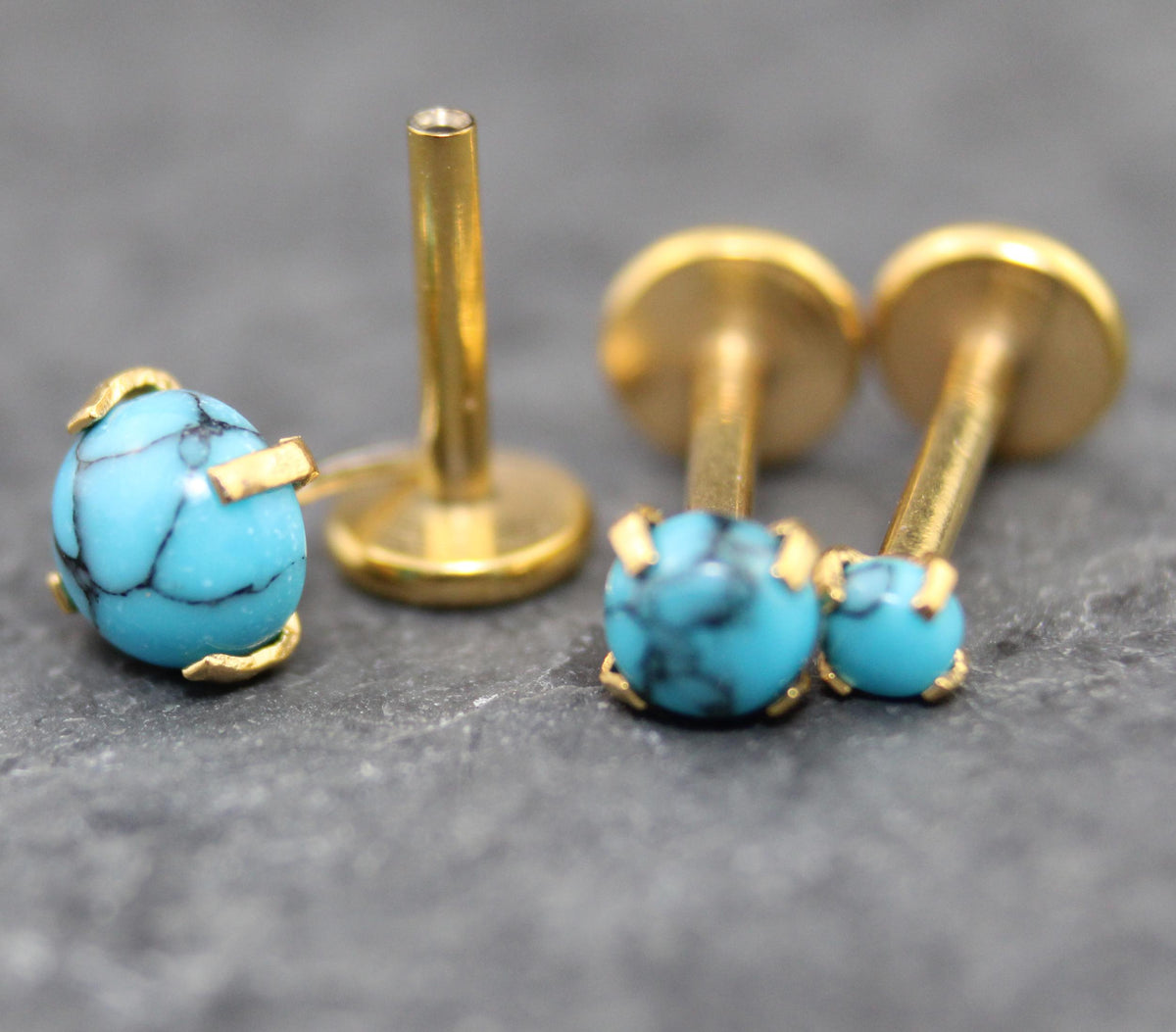 Turquoise Labret Gold Stud Earring Stack, Tragus Earring,  Cartilage Earring, Tragus Piercing Stud, Threadless Turquoise Push Pin Flat Back