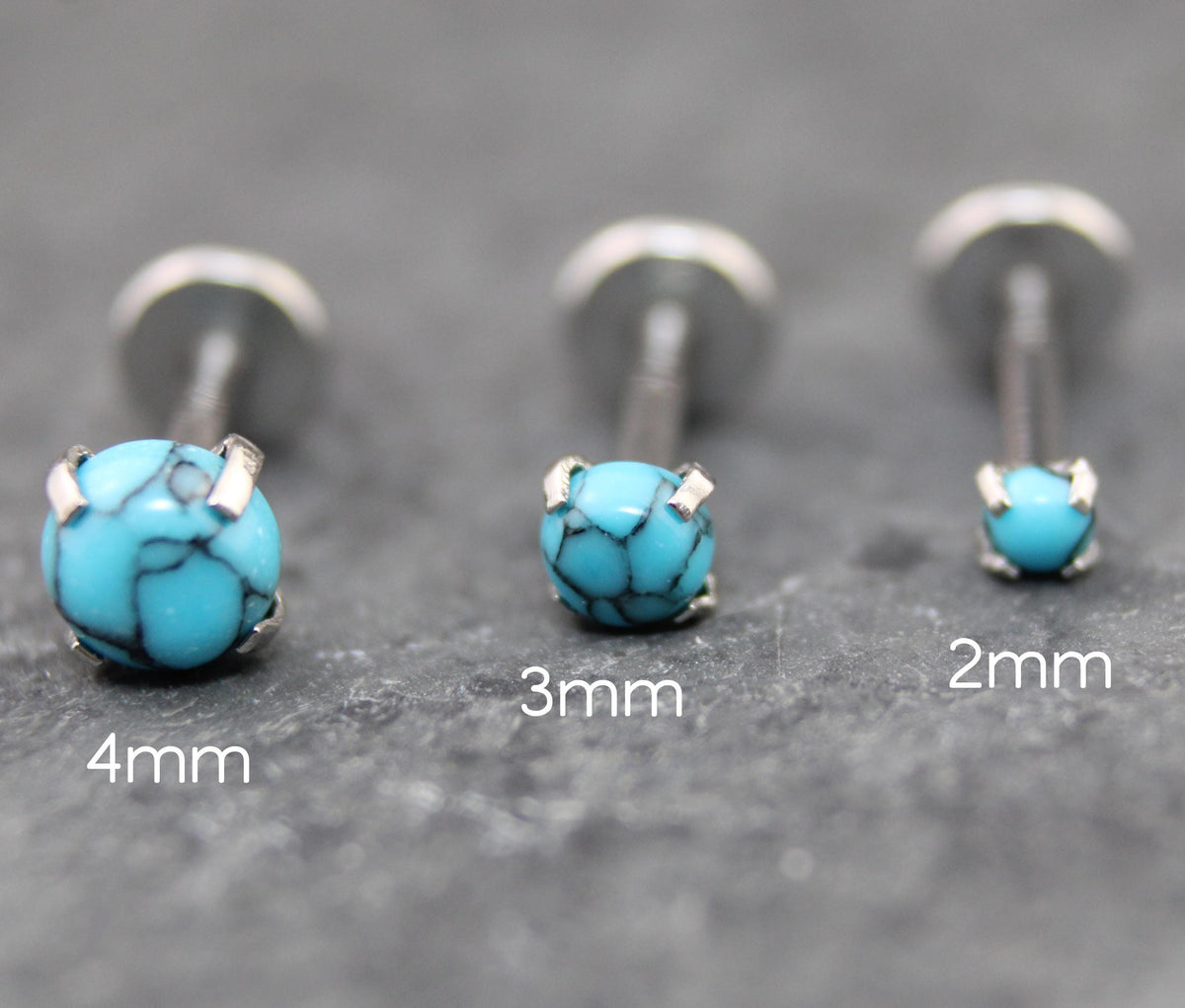 Threadless Turquoise Labret Silver Stud Earring Stack, Tragus Earring, Cartilage Earring, Tragus Piercing Stud, Turquoise Push Pin Flat Back