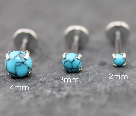 Threadless Turquoise Labret Silver Stud Earring Stack, Tragus Earring, Cartilage Earring, Tragus Piercing Stud, Turquoise Push Pin Flat Back