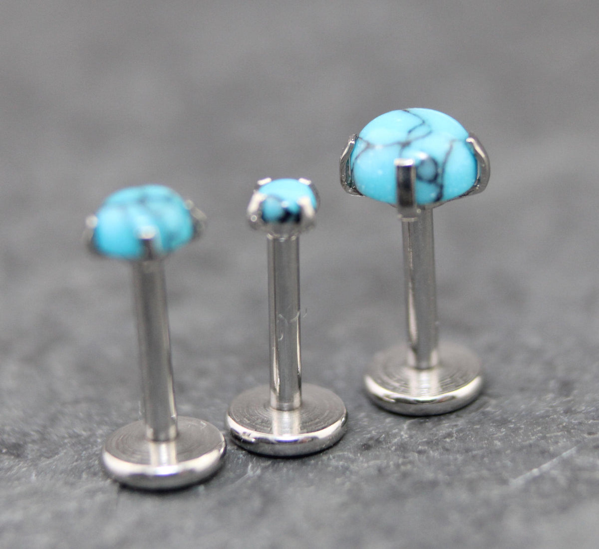 Threadless Turquoise Labret Silver Stud Earring Stack, Tragus Earring, Cartilage Earring, Tragus Piercing Stud, Turquoise Push Pin Flat Back