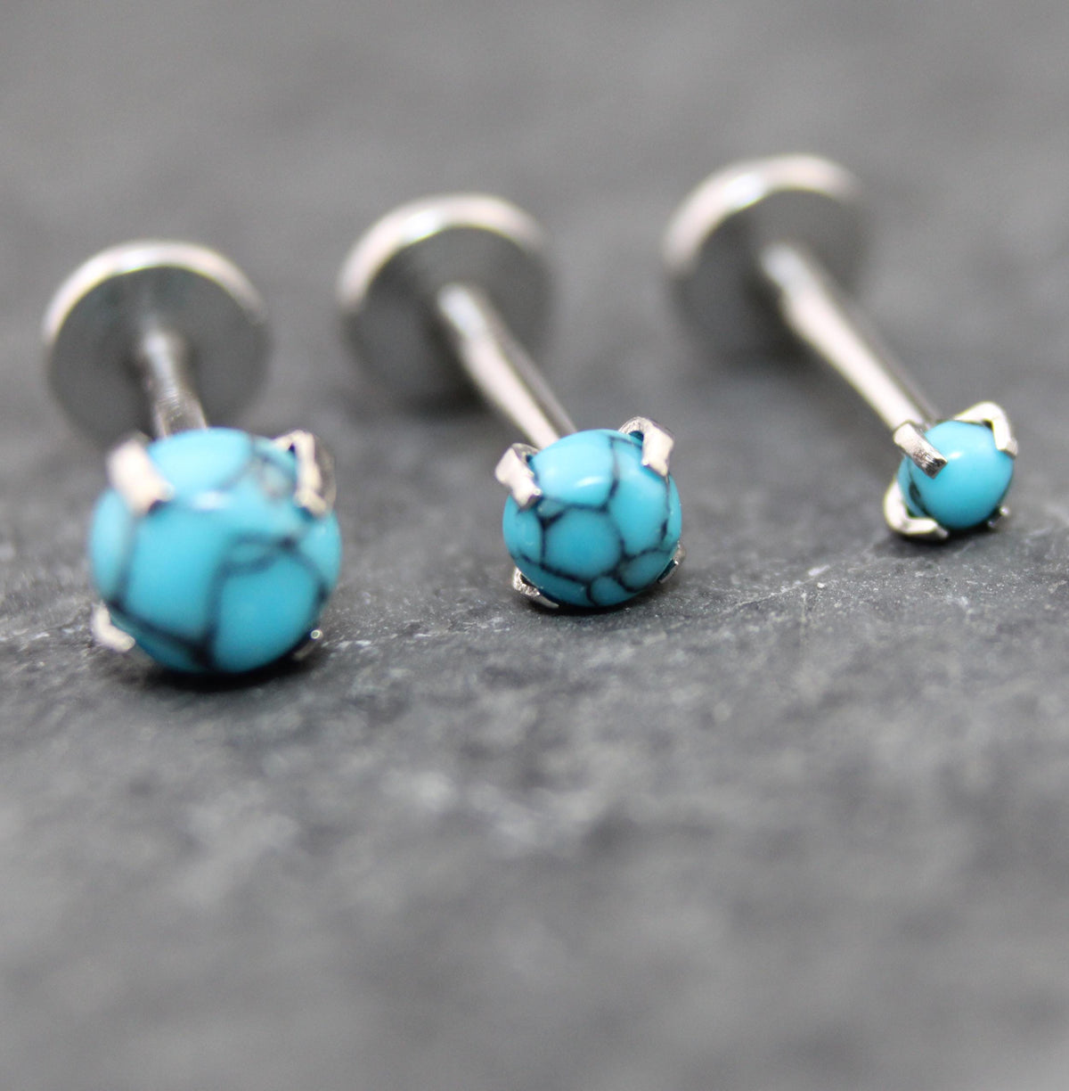 Threadless Turquoise Labret Silver Stud Earring Stack, Tragus Earring, Cartilage Earring, Tragus Piercing Stud, Turquoise Push Pin Flat Back
