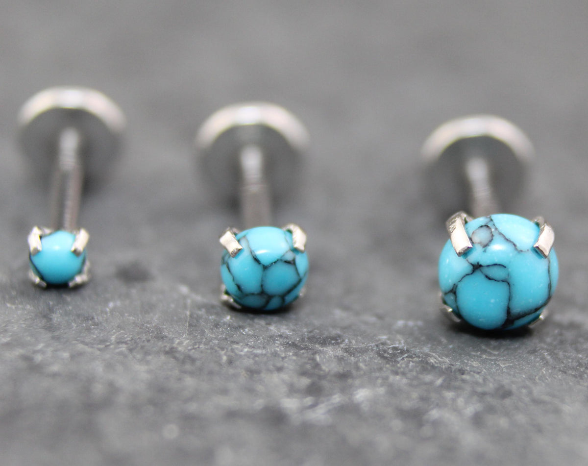 Threadless Turquoise Labret Silver Stud Earring Stack, Tragus Earring, Cartilage Earring, Tragus Piercing Stud, Turquoise Push Pin Flat Back