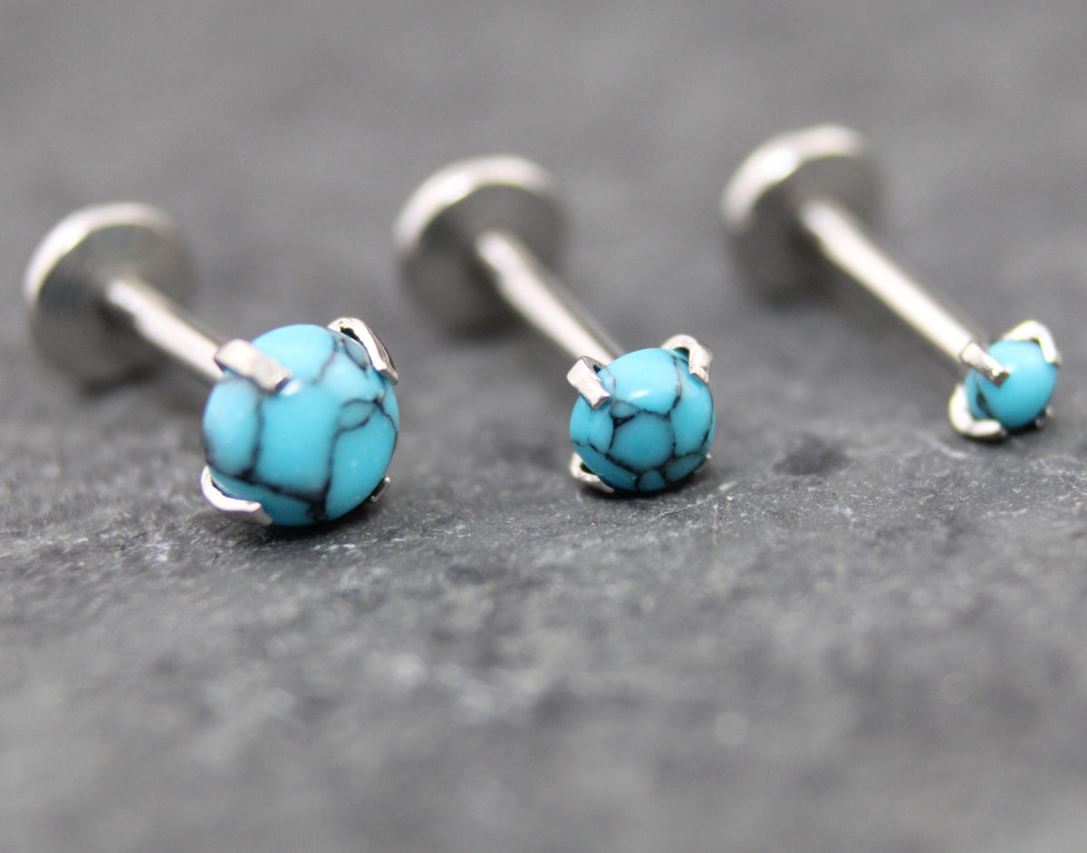 Threadless Turquoise Labret Silver Stud Earring Stack, Tragus Earring, Cartilage Earring, Tragus Piercing Stud, Turquoise Push Pin Flat Back