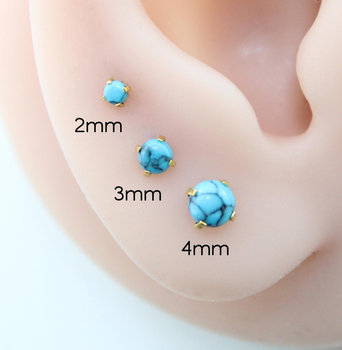 Turquoise Labret Gold Stud Earring Stack, Tragus Earring,  Cartilage Earring, Tragus Piercing Stud, Threadless Turquoise Push Pin Flat Back