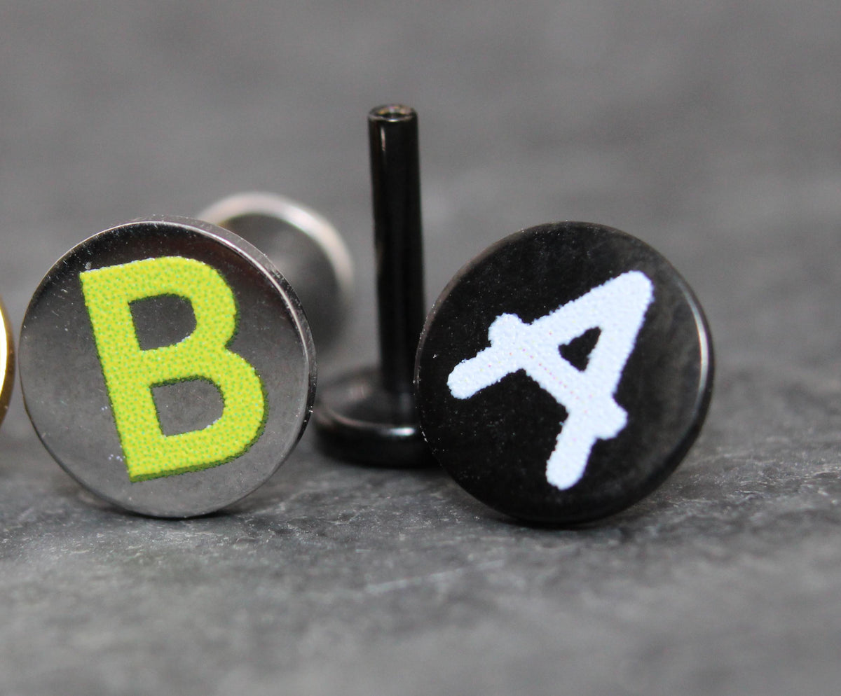 Custom Letter Small Flat Disc Circle Stud Earring • Flatback Threadless Tragus Custom Shape Color Push Pin Earrings Cartilage Flat Back Gold