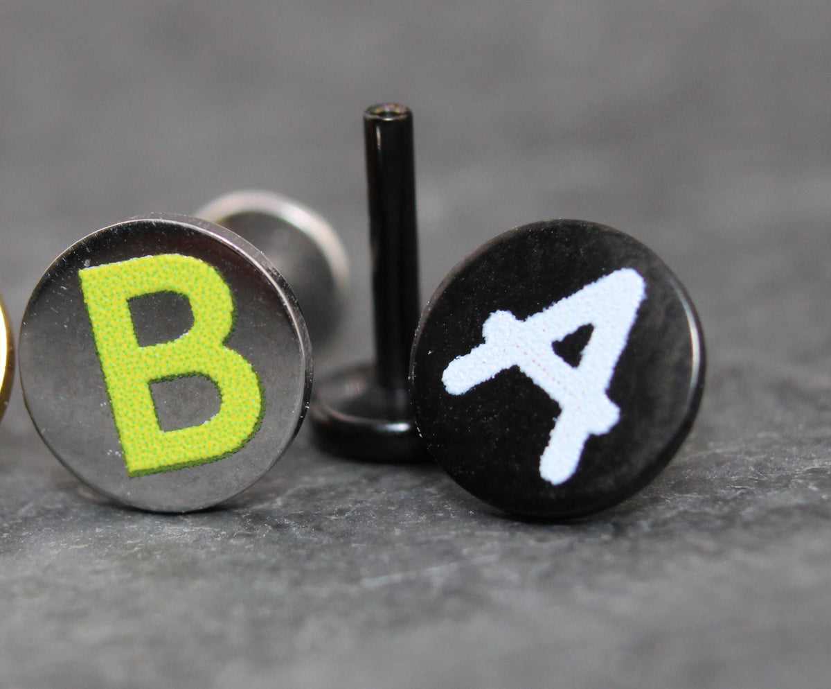 Small Flat Disc Circle Custom Letter Labret Stud • Flatback Threadless Tragus Custom Color Helix Push Pin Earrings Cartilage Flat Back Gold