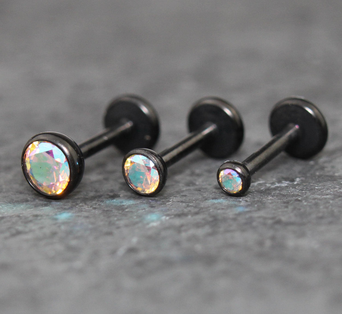 Black AB Cubic Zirconia Threadless Earring -Tiny Black AB Crystal Threadless Flat Back Earring– Tragus, Helix, Nose Stud- Black Nose Stud