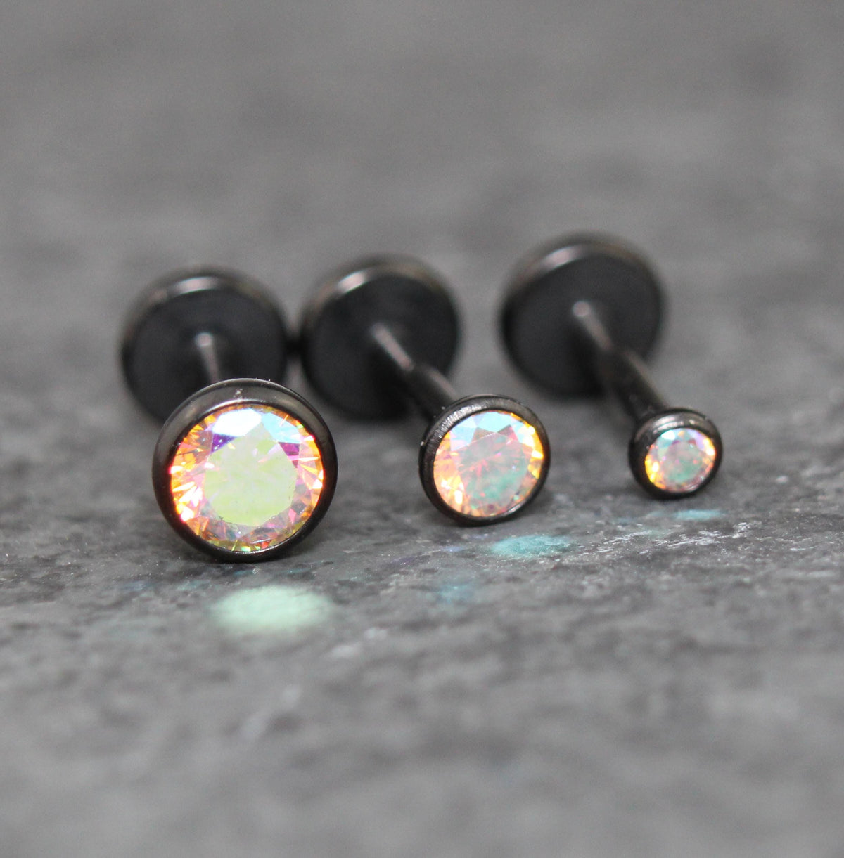 Tiny Black AB Crystal Threadless Flat Back Earring - Tragus Piercing Stud - Labret Stud Earring Stack - Helix Earring - Bezel Set Nose Ring