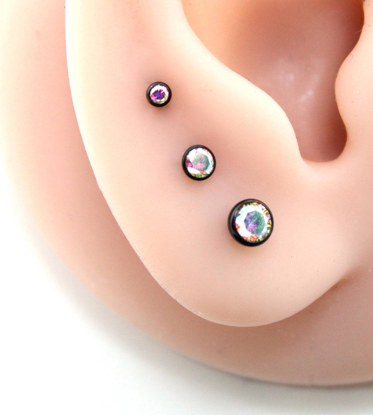 Tiny Black AB Crystal Threadless Flat Back Earring - Tragus Piercing Stud - Labret Stud Earring Stack - Helix Earring - Bezel Set Nose Ring