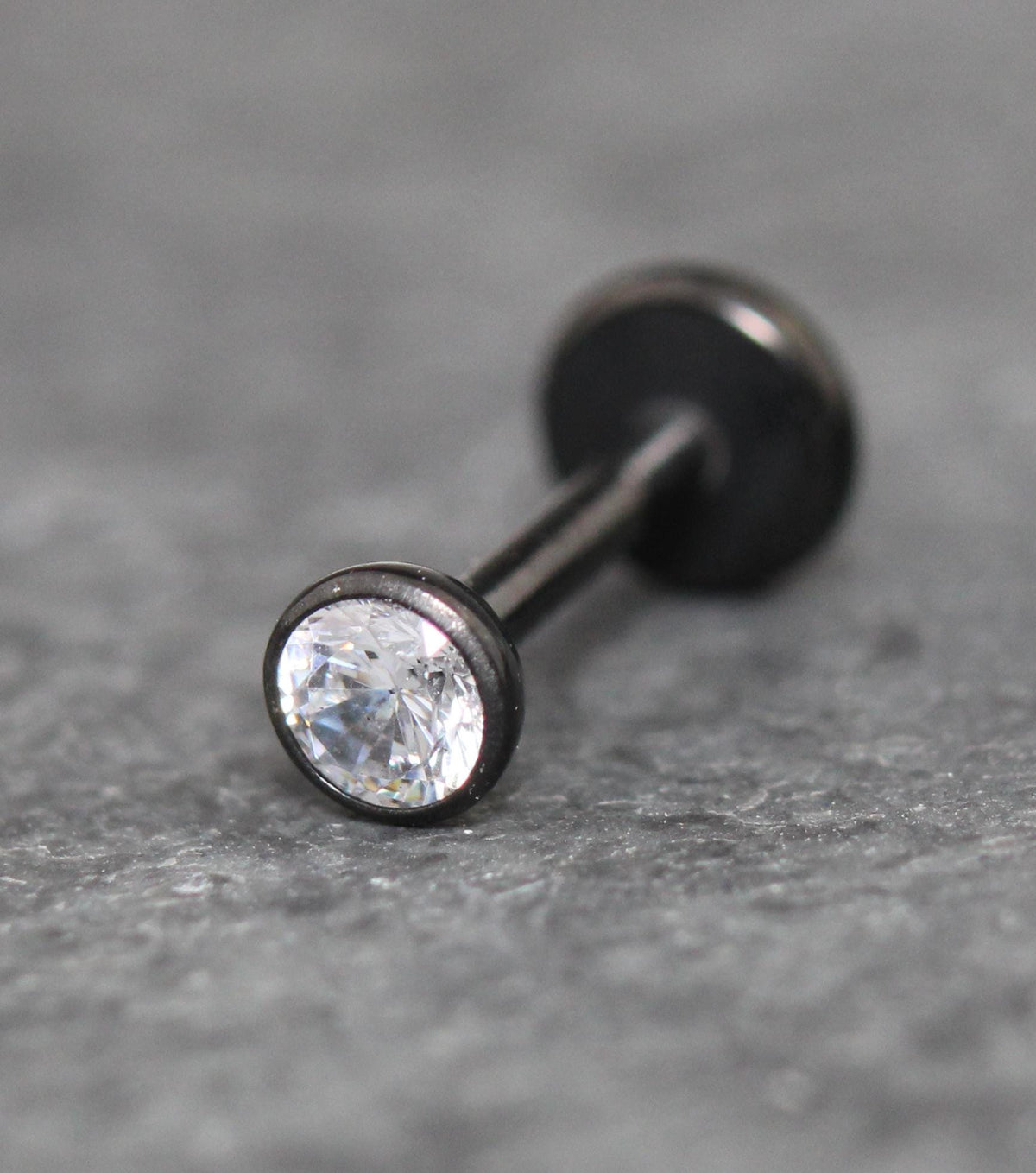 Black Clear Cubic Zirconia Threadless Earring -Tiny Black Clear Stone Tragus Piercing Flat Back Earring, Helix, Nose Stud- Black Nose Stud