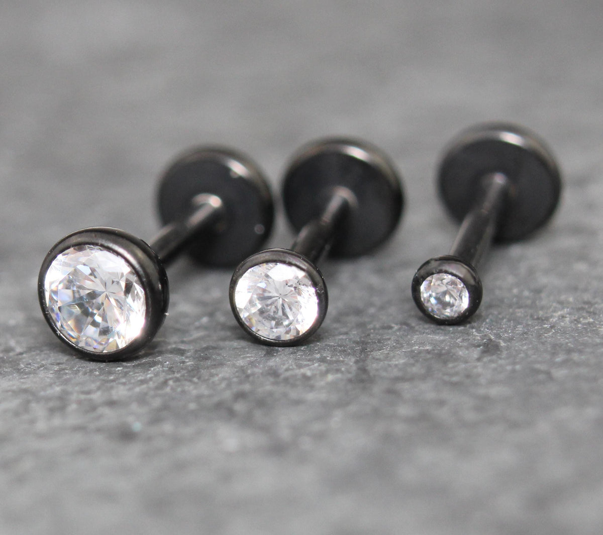 Black Clear Cubic Zirconia Threadless Earring -Tiny Black Clear Stone Tragus Piercing Flat Back Earring, Helix, Nose Stud- Black Nose Stud