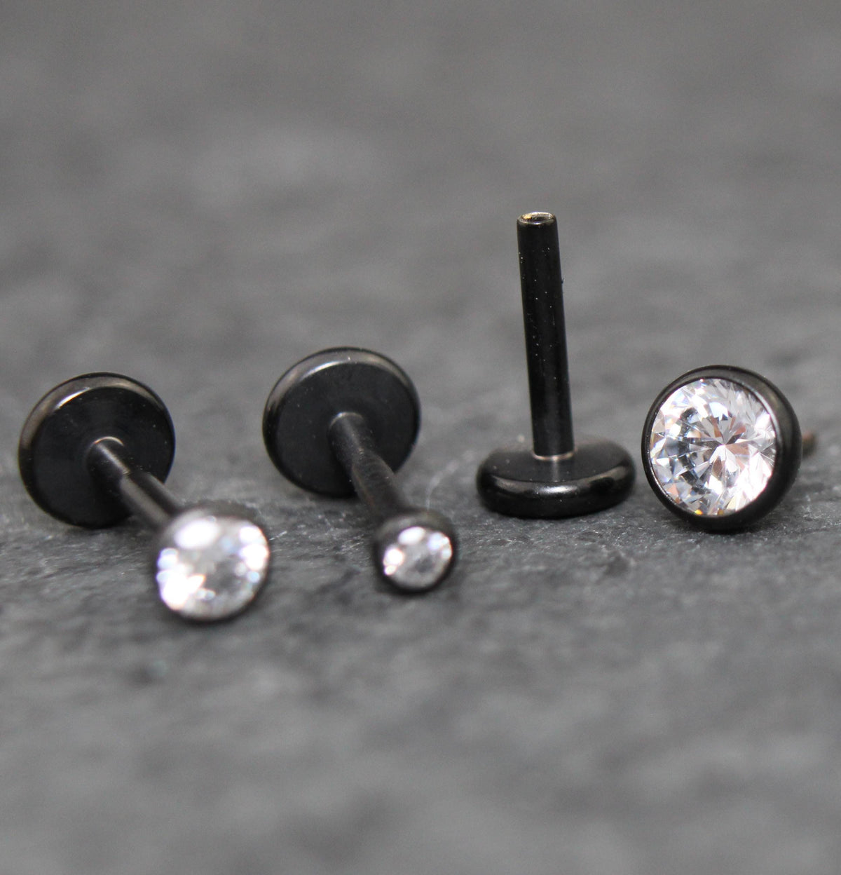 Black Clear Cubic Zirconia Threadless Earring -Tiny Black Clear Stone Tragus Piercing Flat Back Earring, Helix, Nose Stud- Black Nose Stud
