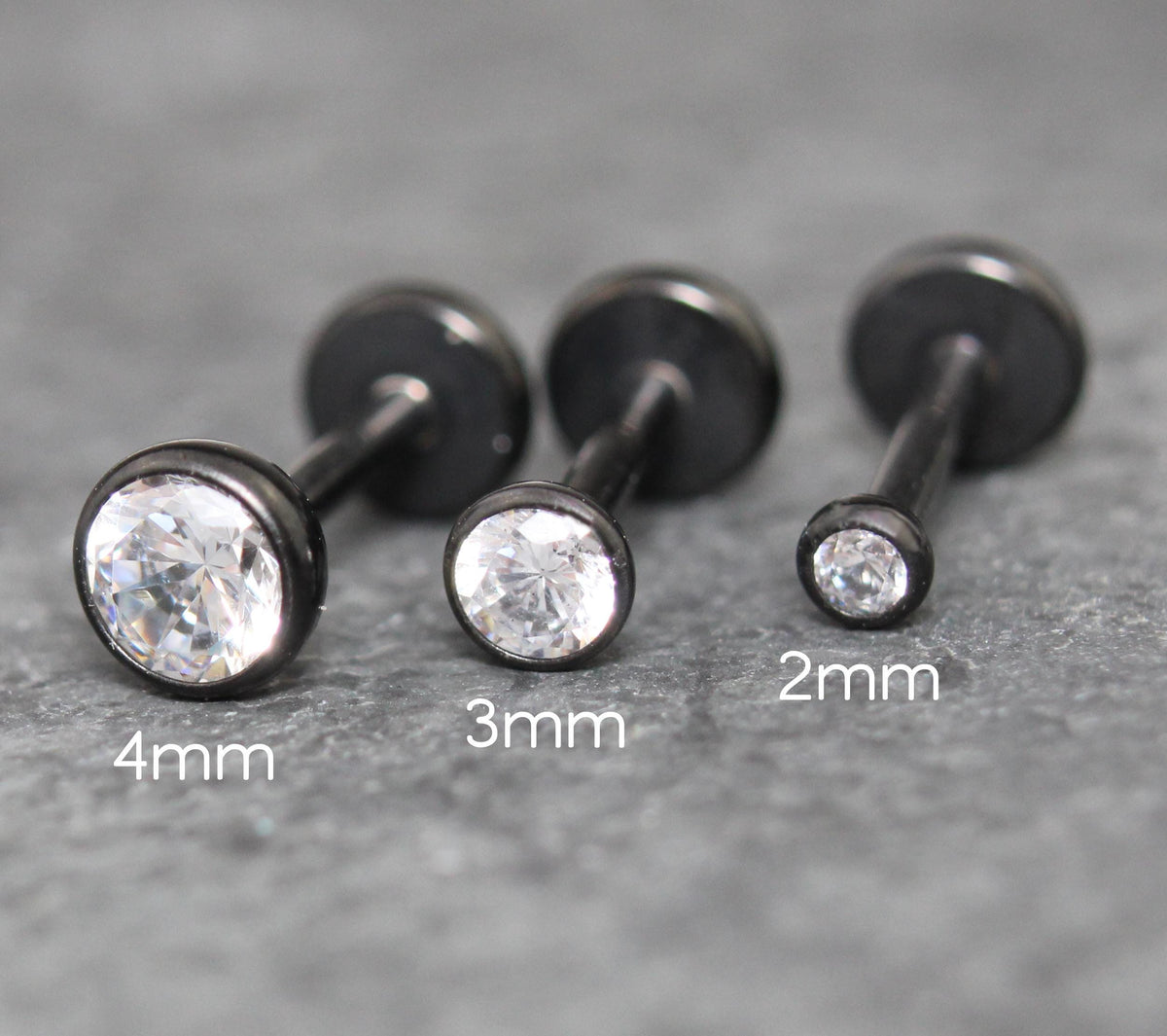 Black Clear Cubic Zirconia Threadless Earring -Tiny Black Clear Stone Threadless Flat Back Earring Tragus, Helix, Nose Stud- Black Nose Stud