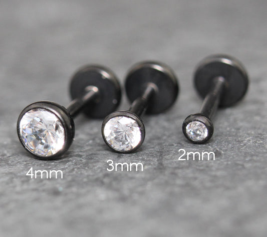 Black Clear Cubic Zirconia Threadless Earring -Tiny Black Clear Stone Threadless Flat Back Earring Tragus, Helix, Nose Stud- Black Nose Stud