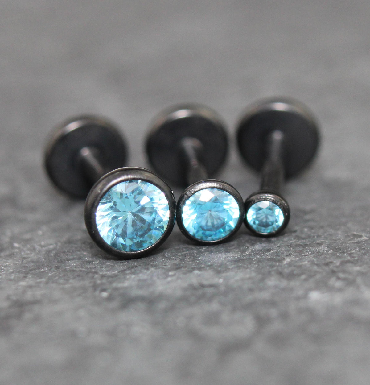 Aqua CZ Threadless Black Earring -Cartilage Aqua Stone Threadless Flat Back Earring Tragus, Helix, Nose Stud- Black Nose Stud - Ear Stacking