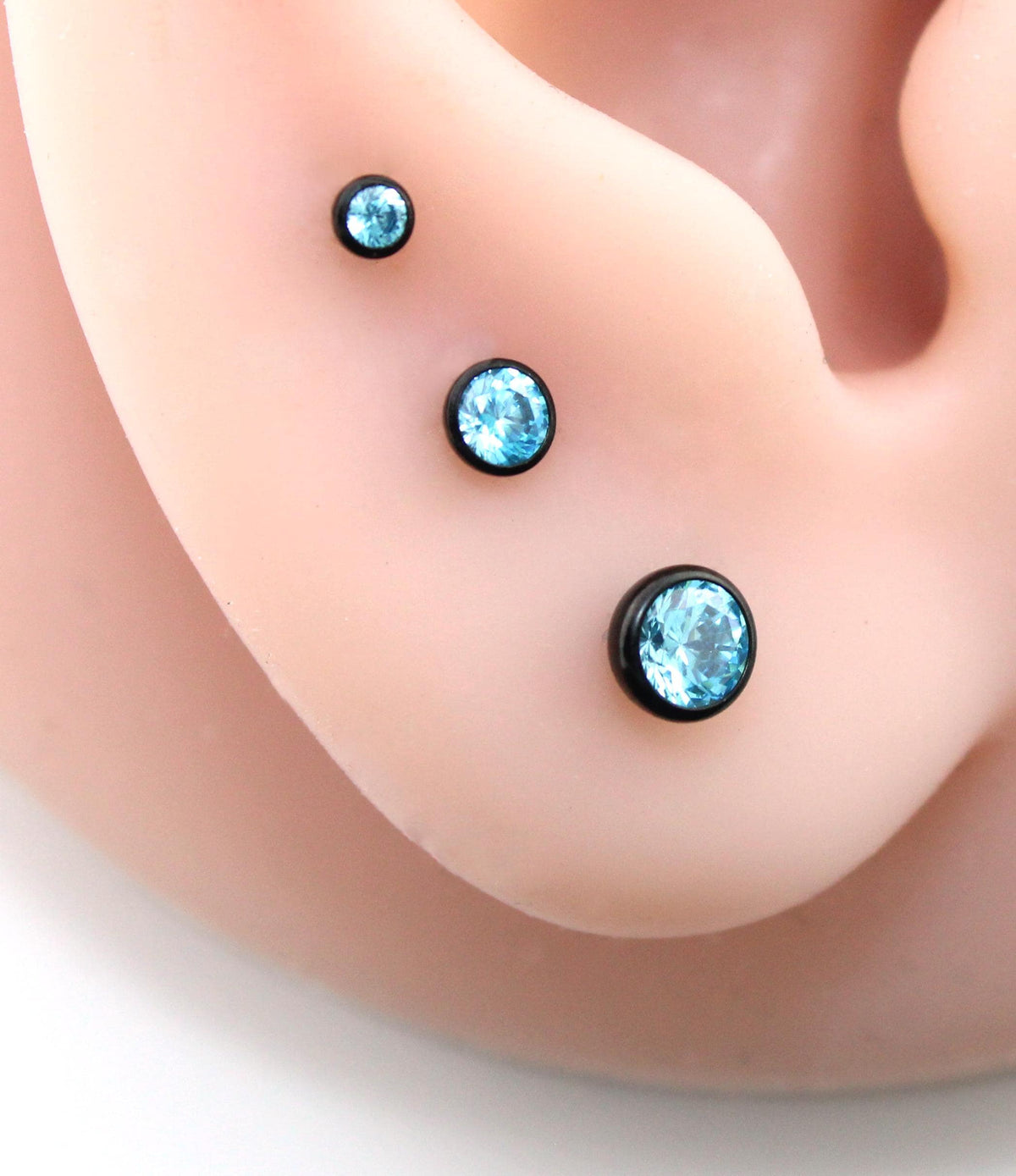 Aqua CZ Threadless Black Earring -Cartilage Aqua Stone Threadless Flat Back Earring Tragus, Helix, Nose Stud- Black Nose Stud - Ear Stacking