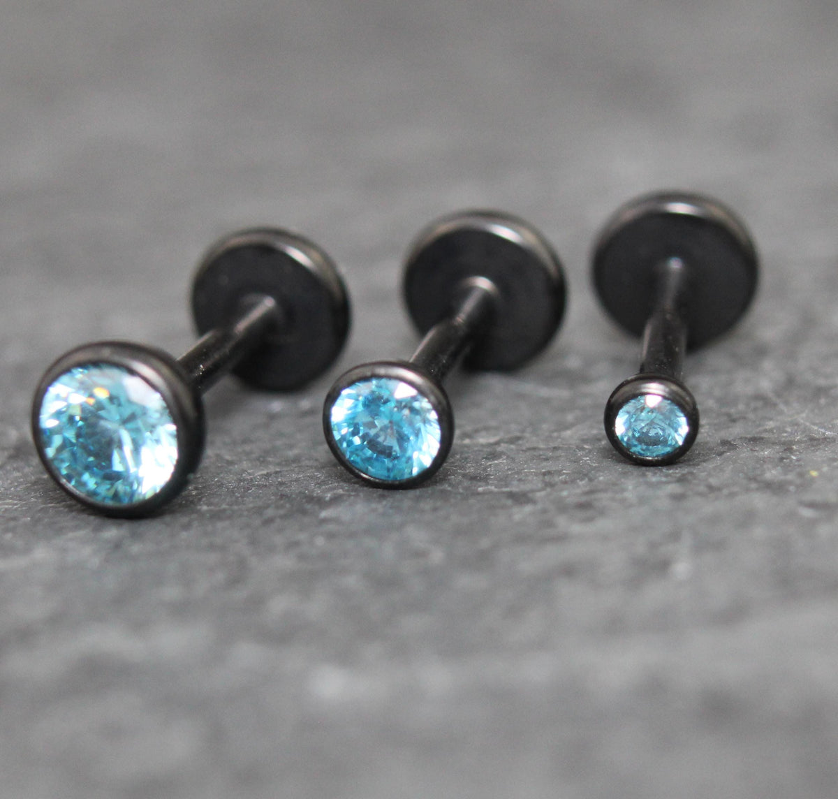 Aqua CZ Threadless Black Earring -Cartilage Aqua Stone Threadless Flat Back Earring Tragus, Helix, Nose Stud- Black Nose Stud - Ear Stacking