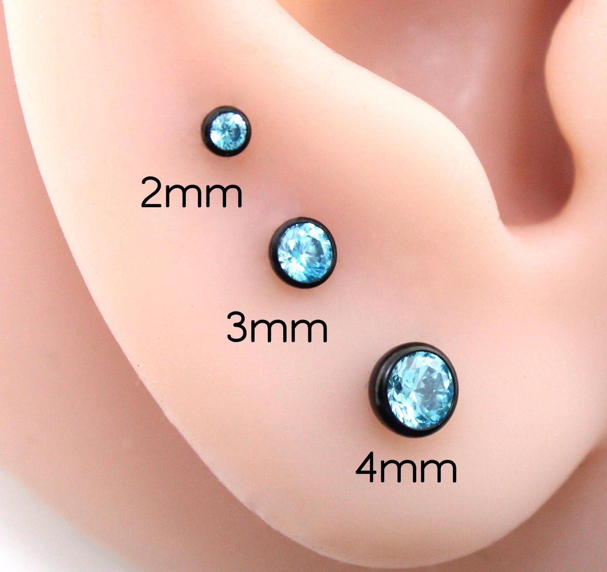 Aqua CZ Threadless Black Earring -Cartilage Aqua Stone Threadless Flat Back Earring Tragus, Helix, Nose Stud- Black Nose Stud - Ear Stacking
