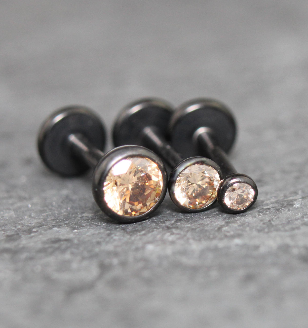 Champagne CZ Threadless Black Earring - Ear Cartilage Stud - Black Nose Stud - Ear Stacking - CZ Stone Threadless Flat Back Earring Tragus