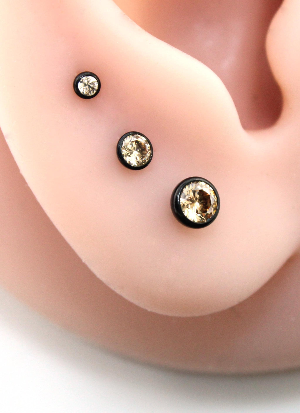 Champagne CZ Threadless Black Earring - Ear Cartilage Stud - Black Nose Stud - Ear Stacking - CZ Stone Threadless Flat Back Earring Tragus