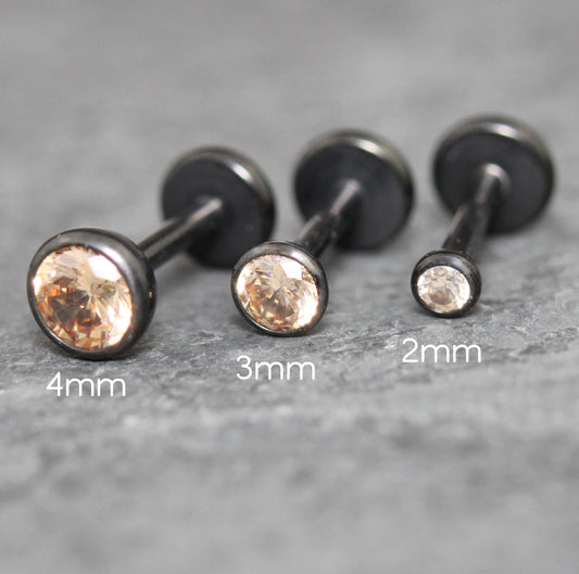 Champagne CZ Threadless Black Earring - Black Nose Stud - Helix Piercing Stud - Ear Stacking - Citrine Threadless Flat Back Earring Tragus