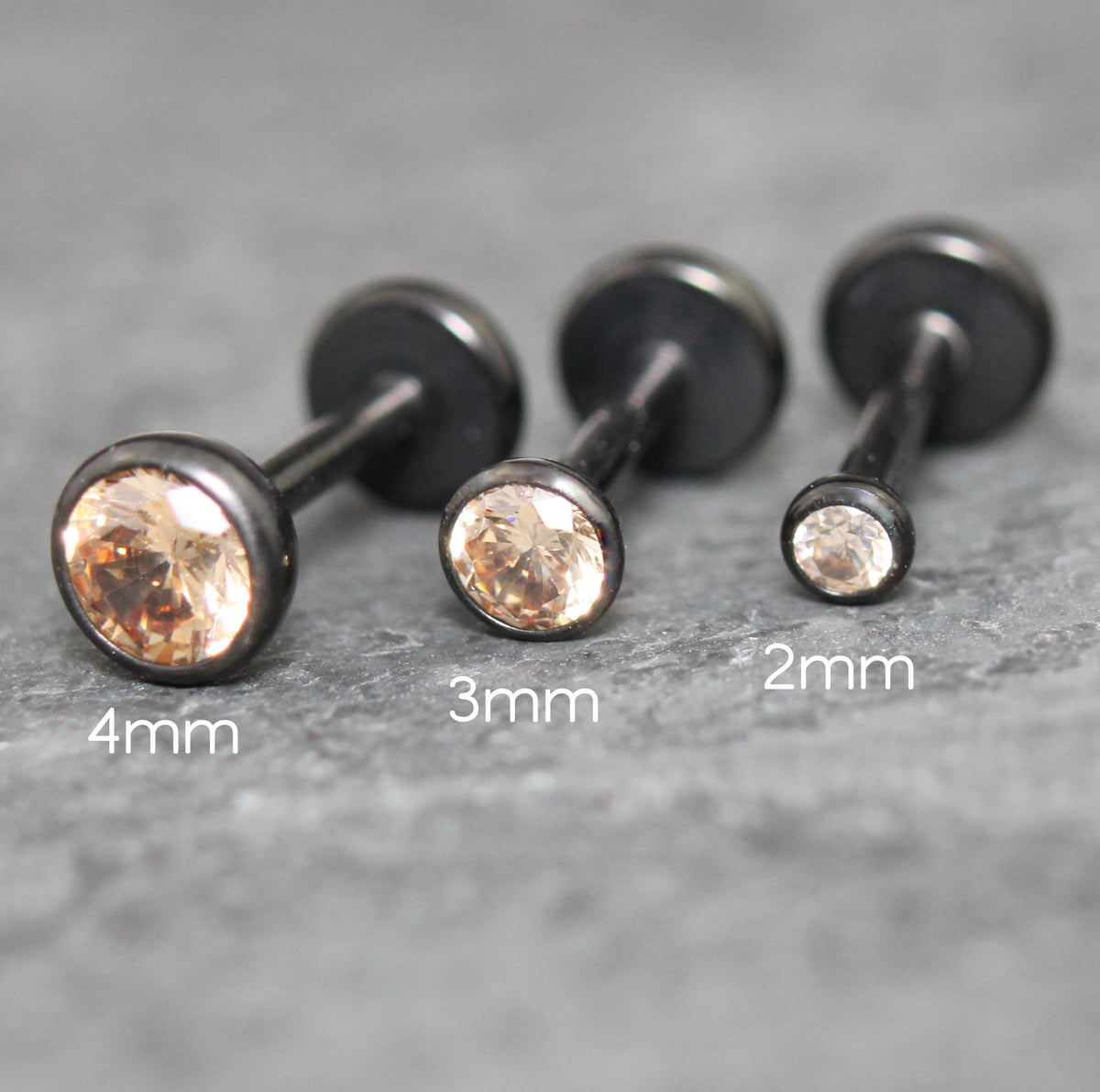 Champagne CZ Threadless Black Earring - Ear Cartilage Stud - Black Nose Stud - Ear Stacking - CZ Stone Threadless Flat Back Earring Tragus