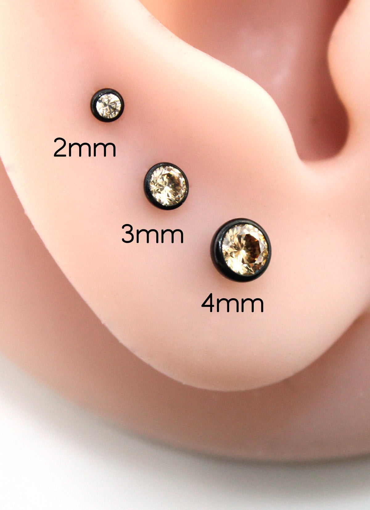 Champagne CZ Threadless Black Earring - Ear Cartilage Stud - Black Nose Stud - Ear Stacking - CZ Stone Threadless Flat Back Earring Tragus