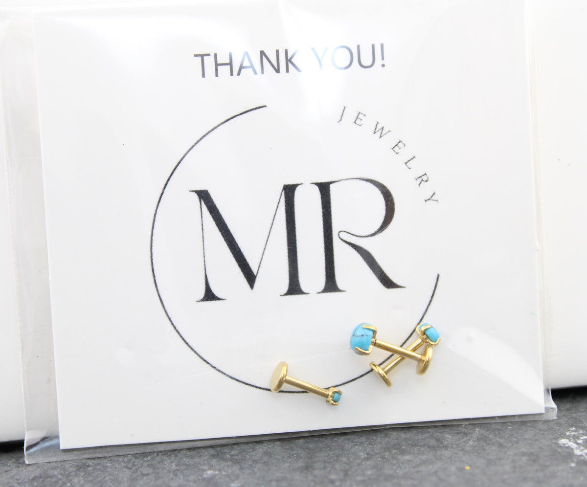 Turquoise Labret Gold Stud Earring Stack, Tragus Earring,  Cartilage Earring, Tragus Piercing Stud, Threadless Turquoise Push Pin Flat Back