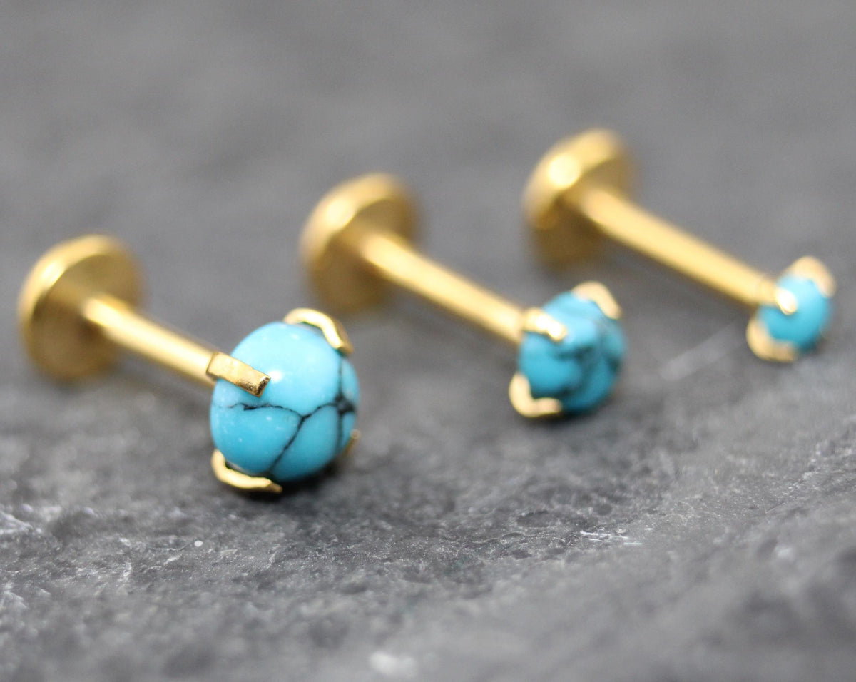 Threadless Turquoise Labret Gold Stud Earring Stack, Tragus Earring,  Cartilage Earring, Tragus Piercing Stud, Turquoise Push Pin Flat Back