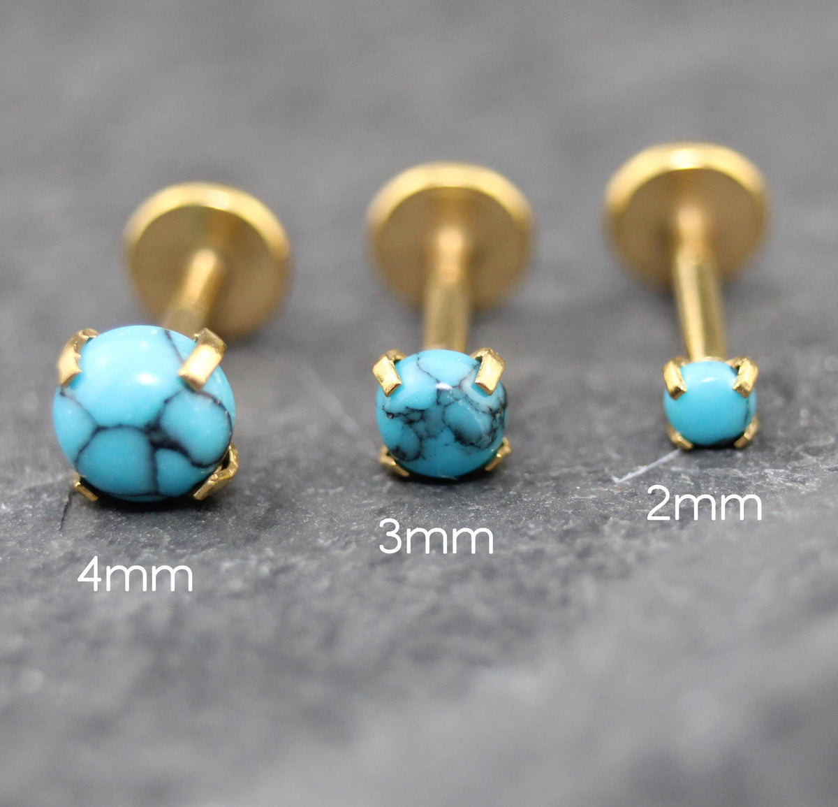 Turquoise Labret Gold Stud Earring Stack, Tragus Earring,  Cartilage Earring, Tragus Piercing Stud, Threadless Turquoise Push Pin Flat Back