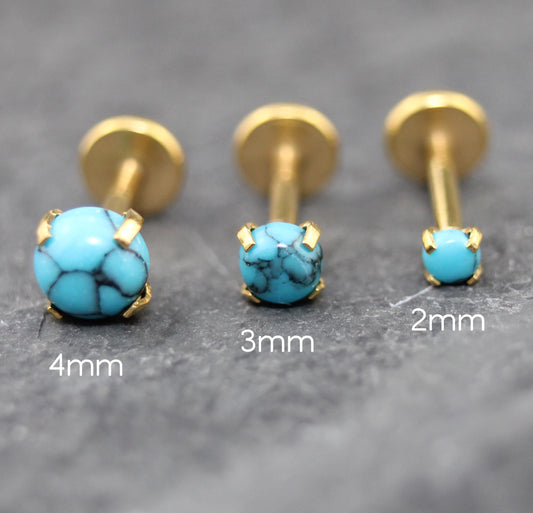 Turquoise Labret Gold Stud Earring Stack, Tragus Earring,  Cartilage Earring, Tragus Piercing Stud, Threadless Turquoise Push Pin Flat Back