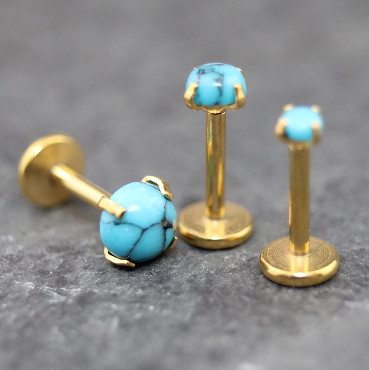 Turquoise Labret Gold Stud Earring Stack, Tragus Earring,  Cartilage Earring, Tragus Piercing Stud, Threadless Turquoise Push Pin Flat Back