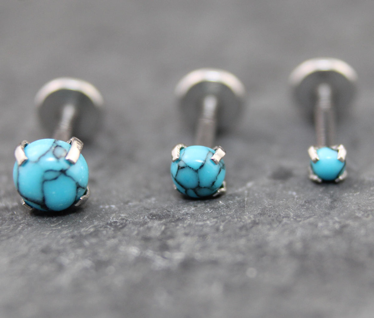 Threadless Turquoise Labret Silver Stud Earring Stack, Tragus Earring, Cartilage Earring, Tragus Piercing Stud, Turquoise Push Pin Flat Back