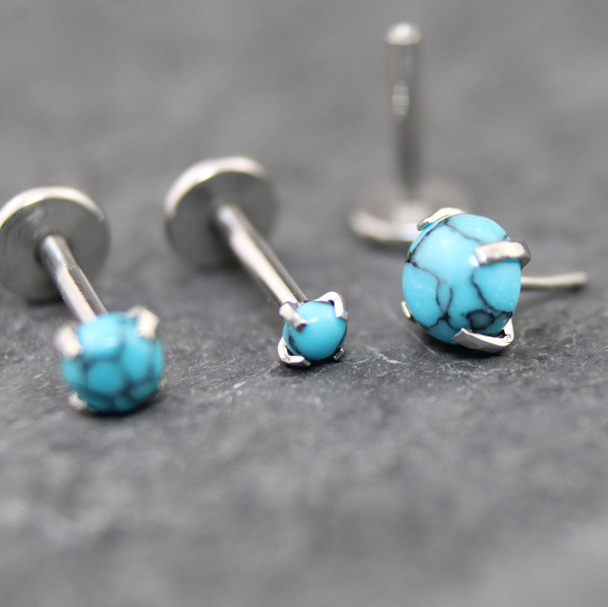 Threadless Turquoise Labret Silver Stud Earring Stack, Tragus Earring, Cartilage Earring, Tragus Piercing Stud, Turquoise Push Pin Flat Back