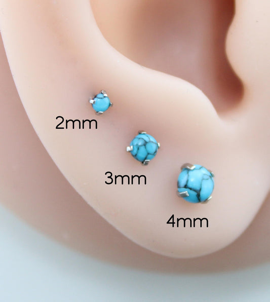 Turquoise Labret Silver Stud Earring Stack, Tragus Earring, Cartilage Earring, Tragus Piercing Stud, Threadless Turquoise Push Pin Flat Back