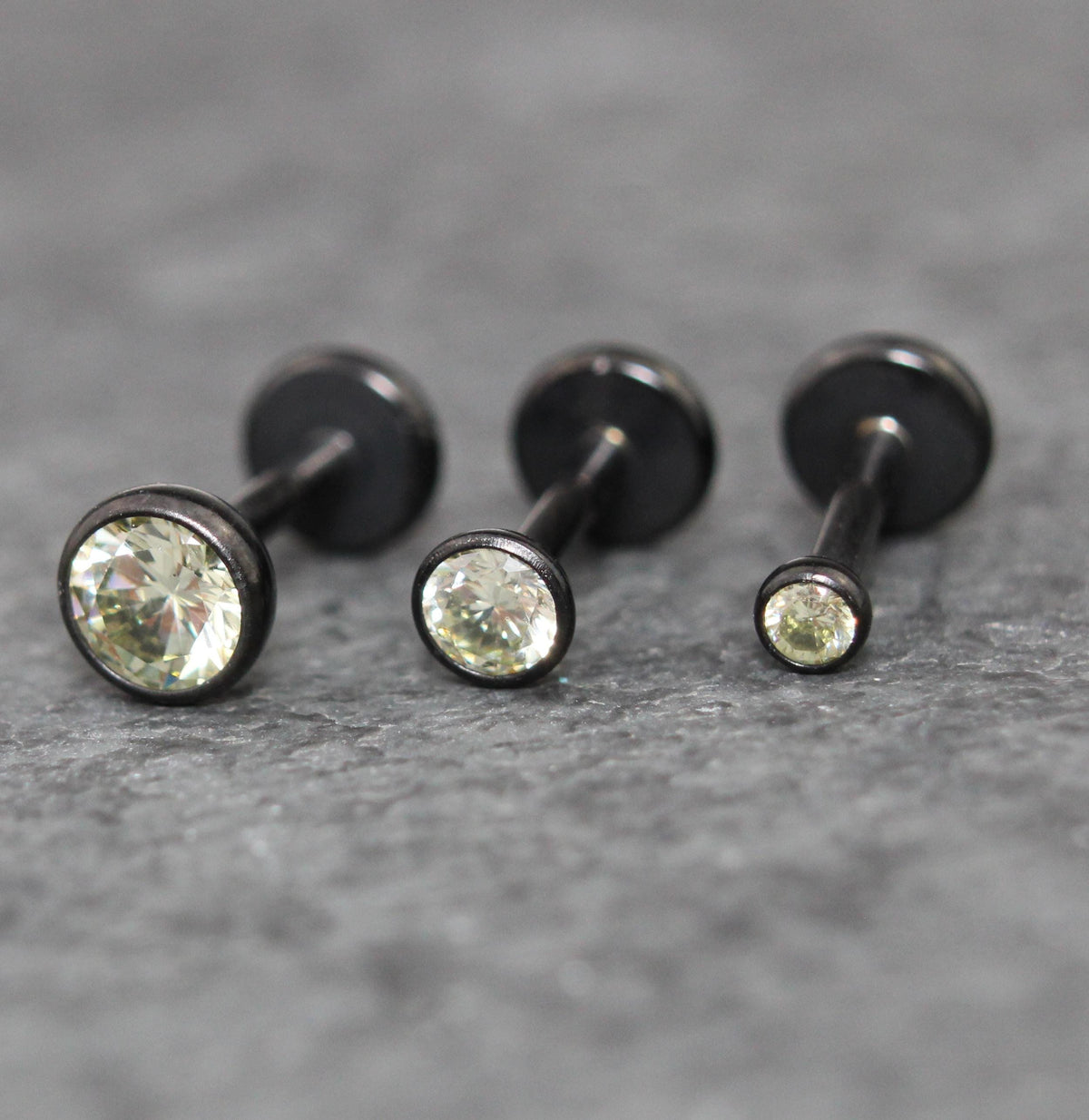 Black Crystal Threadless Flat Back Earring - Olive Green Tragus Piercing Stud - Labret Stud Earring Stack - Tiny Gothic Bezel Set Nose Ring