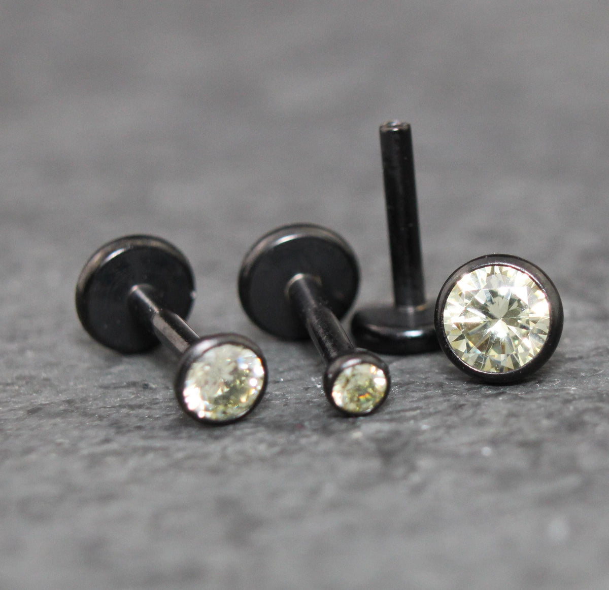 Black Crystal Threadless Flat Back Earring - Light Green Tragus Piercing Stud - Labret Stud Earring Stack - Tiny Gothic Bezel Set Nose Ring