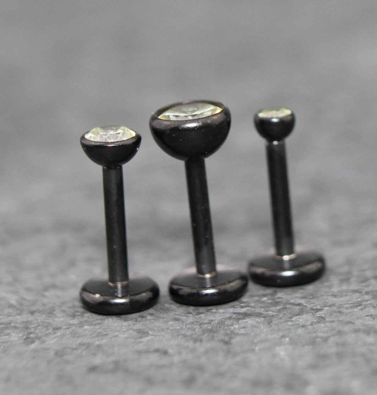Black Crystal Threadless Flat Back Earring - Light Green Tragus Piercing Stud - Labret Stud Earring Stack - Tiny Gothic Bezel Set Nose Ring