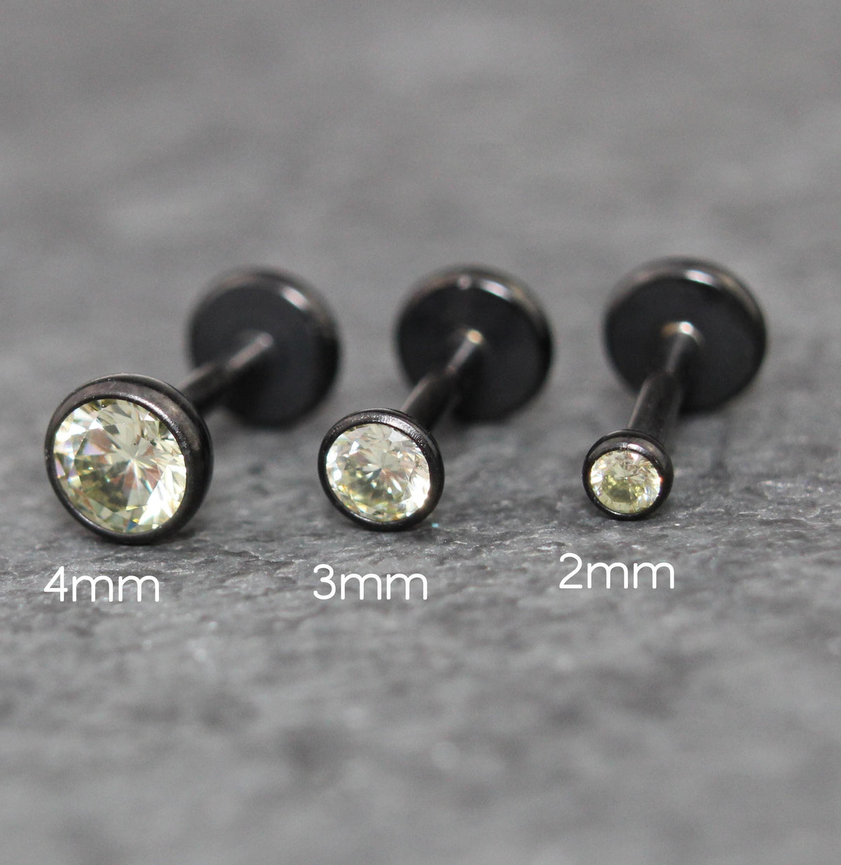 Black Crystal Threadless Flat Back Earring - Olive Green Tragus Piercing Stud - Labret Stud Earring Stack - Tiny Gothic Bezel Set Nose Ring