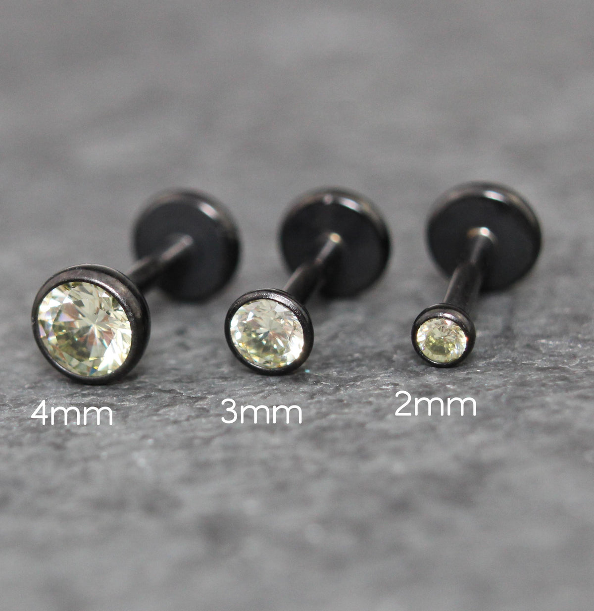 Black Crystal Threadless Flat Back Earring - Light Green Tragus Piercing Stud - Labret Stud Earring Stack - Tiny Gothic Bezel Set Nose Ring