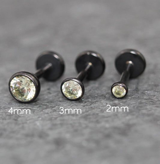 Black Crystal Threadless Flat Back Earring - Light Green Tragus Piercing Stud - Labret Stud Earring Stack - Tiny Gothic Bezel Set Nose Ring