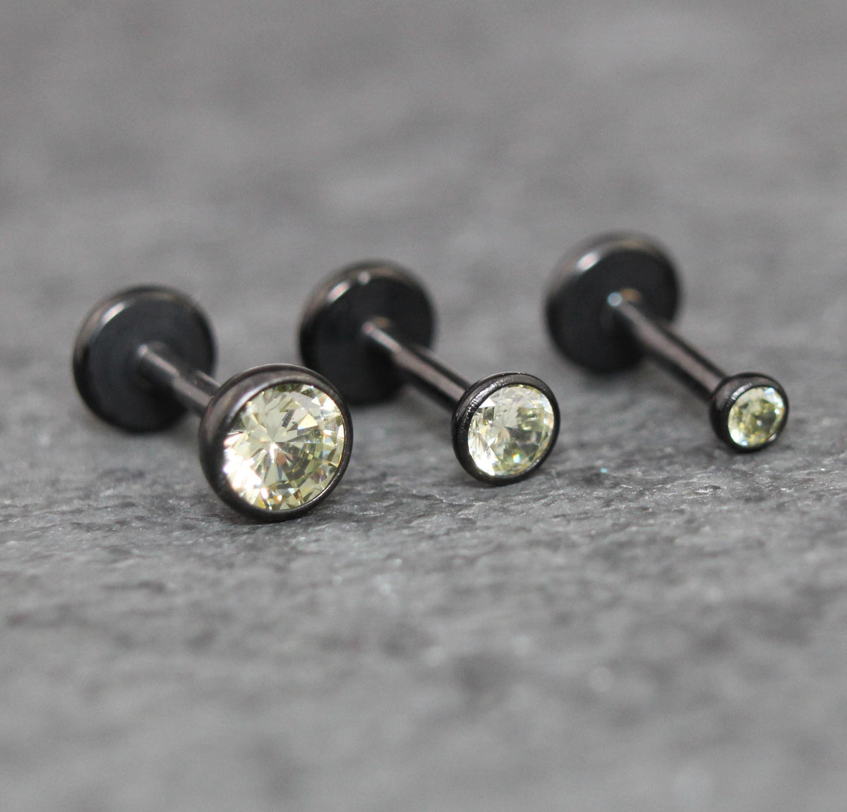 Black Crystal Threadless Flat Back Earring - Light Green Tragus Piercing Stud - Labret Stud Earring Stack - Tiny Gothic Bezel Set Nose Ring