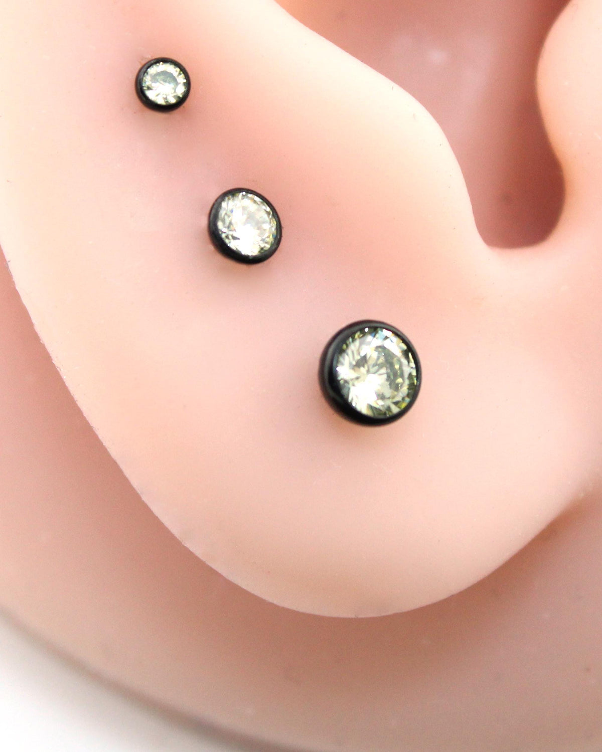 Black Crystal Threadless Flat Back Earring - Olive Green Tragus Piercing Stud - Labret Stud Earring Stack - Tiny Gothic Bezel Set Nose Ring